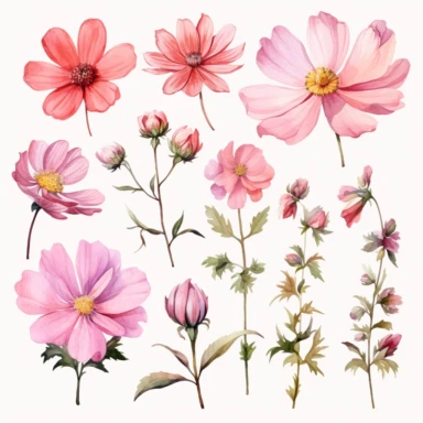 Captivating watercolor clipart set featuring different pink flower species, portrayed from various angles, arranged in a composition that appears as if the flowers are bursting forth, reaching for the sky, symbolizing resilience, determination, and the indomitable spirit of life's journey, clipart on a white backdrop.