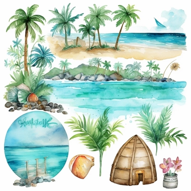 Tropical island beach clipart set isolated on white, watercolor, turquoise, - - no photograph