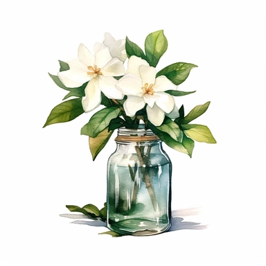 a bunch of gardenia in a empty bottle no water mark, water colour clipart