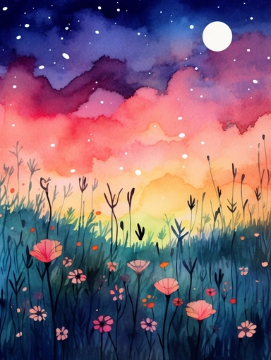 clipart style, watercolor scene of An enchanting illustration of a Twilight Meadow, showcasing a meadow bathed in the soft light of twilight. The sky is adorned with wisps of clouds and the first stars of the night, while the grassy field is alive with the vibrant colors of wildflowers. The scene evokes a sense of calmness, beauty, and the transition from day to night, HD, on white background