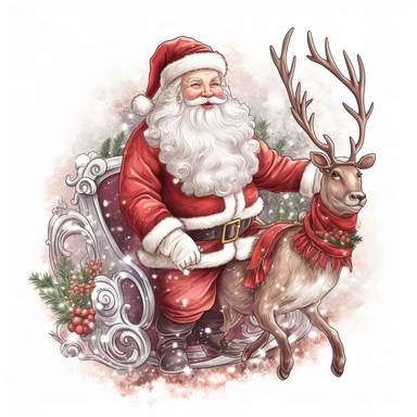 Beautiful full body illustration of Santa Claus in his classic red and white suit, with his bushy white beard and twinkling eyes. riding reindeer sleigh. vector elements. elegant, luxurious, style by Lucy Fleming, watercolor, smooth gradients, black contour outline, ultra detailed, clipart elements, delicate pastel colors, solid white background, super clear, high quality
