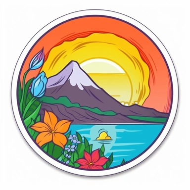Sticker, clipart, bright colors, Brush painted volcano with tulip flower inside and coastline beneath ,contour, vector, white background, white outline, circle frame.
