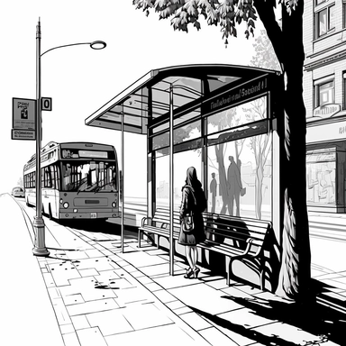 street scene of bus stop, black and white, adobe illustrator, illustration, line art, dynamic composition, forced perspective, clipart, blank background