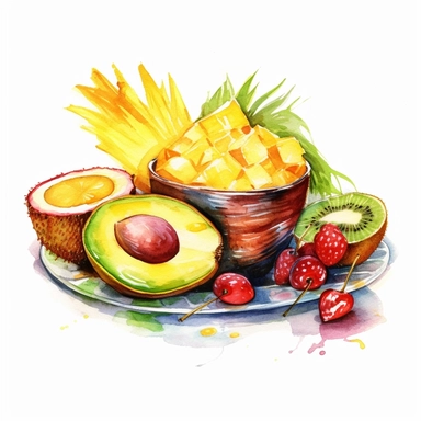 An Pitaja fruit fruit with a slice cut out, placed on a plate or tray with other fruits or desserts , Watercolor, pastels, clipart, beautiful, colourfull, png transparent white background, high resolution, no caption q4 s2