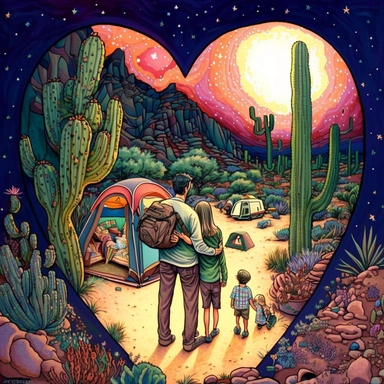 (perfect body figure) of a cute loving American family of 4, camping in a magical CACTUS GARDEN under starry night (a perfect close-up single-point-perspective view from the back) with its own habitats (flowers and plants) made into a natural-heart-shape,