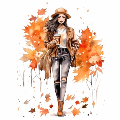 Just a Girl Who Loves Fall , style by Lucy Fleming, watercolor, smooth gradients, black contour outline, ultra detailed, clipart elements, delicate pastel colors, solid white background, super clear, high quality