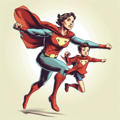 a comic-style, clipart image (floating image), full body image of a mother and child duo where the child is the superhero's sidekick, wearing super suits