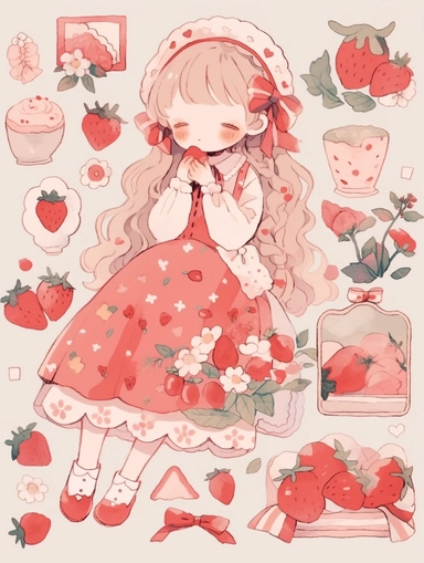 a sticker clipart drawing of a girl with a strawberry and, in the style of booru, dreamlike motifs, group material, outdoor scenes, sleepycore, collecting and modes of display, lovely face, light pink and red