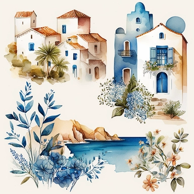 beautiful watercolor clipart of a Mediterranean scene with white village houses and seascape, warm summer blue and white hues, local flowers around the houses, compositions on an isolated white background. Bright landscapes illustrations, highly detailed