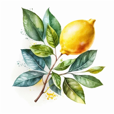 Watercolor one lemon branch Clipart, citrus lemon, vibrant color, high details, white background, no text