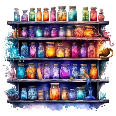 Witches PotionShelf Watercolor dreamy Clipart, pastel - core purple turquoise blue orange red yellow Magical Mystical Art, Fantasy Clipart, Witchcraft Potion many details style of Demizu Posuka no people, Fairy Magic
