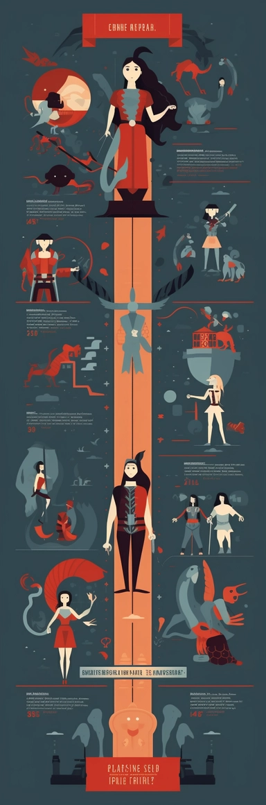 Red and black theme, Create a 2D, clipart, there are 2 characters,MAKE 2 CHARACTERS, 1 a woman at the top of the infographic that is small with strings, than a second character, a man, in armour being controlled by character 1s strings that is placed in the middle of the page while character 2 is at the top of the infographic. a flat infographic template with room for information, have lady macbeth clipart with an evil grin at the very top of the info graphic holding puppet strings from her fing