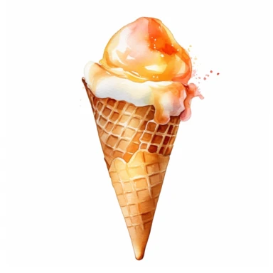 Watercolour clipart of of a cone with a vanilla scoop ice cream, isolated, white background, csv