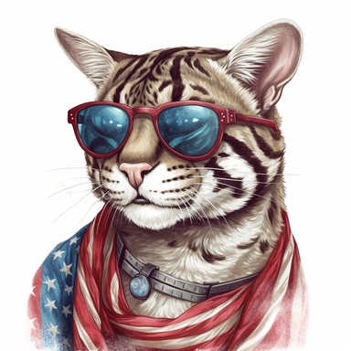 Ocelot, wears American flag scarf and sunglasses, closeups shot, low angle, watercolor style, hyper-realistic animal illustrations, 2d game art, quadratura, clipart, on white background,