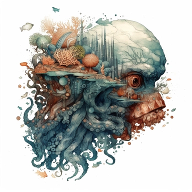 concrete illustration of a double exposure hybrid lion octopus & coral reef drawn with stones, clipart