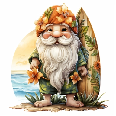 gnome on surf board in Hawaii beach outfit, vibrant color, clipart, watercolor illustration, white background