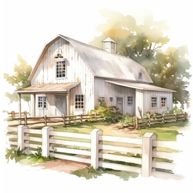 Clipart, a painting of a white barn with a white fence, a digital rendering by Laura Wheeler Waring, white background, shutterstock contest winner, american scene painting, detailed painting, watercolor, digital illustration