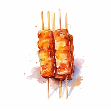 Sate (Satay) logo watercolor,simple Watercolor, hyper realistic, white background, white margins, 16k, ultra detailed clipart, cut out image, hand - drawn, whimsical manhwa style, ultra HD, sharp and clean art