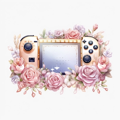 Watercolour rose gold and pastel detailed 3d gaming console Nintendo Switch , surrounded by beautiful roses and Swarovski crystals and diamonds, svg clipart style, solid white background, clipart element, clipart style highly detailed beautiful