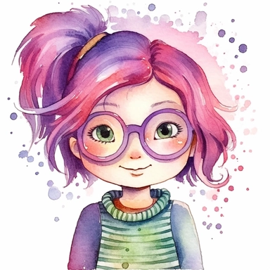 watercolour clipart of a girl with pink or purple hair , green eyes, with glasses, she is the catalyst for her group shared common dreams, binding the girls together. She is direct, occasionally sharp-tongued, and highly empathetic. With a heart full of compassion, she never hesitates to lend a helping hand to anyone in need. She`s dedication to their craft is unparalleled, make her smiling, exalted mood, white background, 8k, f1