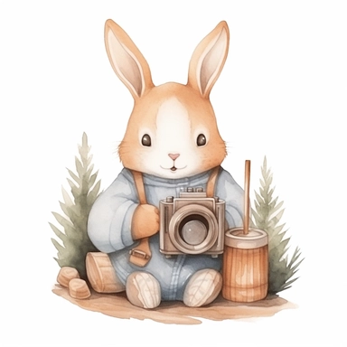 adorable bunny, taking photos with an wooden camera, handpaint watercolor, high resolution, cartoon style, watercolor clipart,
