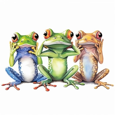 Cute Beautiful Funny three frogs cover their mouths, cover their ears and blindfold Sublimation Clipart,Cartoon, hyper realistic, intricate detail, illustration style,high solution,on the white background