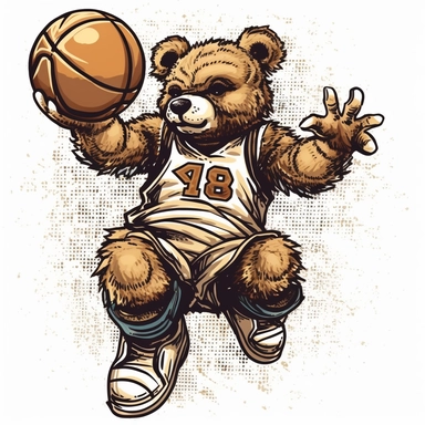 clipart, curly teddy bear dressed in a basketball uniform epic throws the ball into the basketball hoop, basketball, Beige, black-brown, tanned color, very detailed, white background, basketball style, shadow, maximalism, Painted By Akari Toriyama, luxury, lakers basketball team