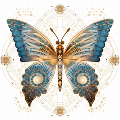 clipart of geometric butterfly, matrix code, intricate, sacred geometrical patterns, on white background