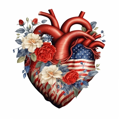 realistic illustration, real heart clipart, with floral decoration, with colors of the united states flag, july 24th, high definition embedded details, white background,