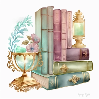 watercolored image of antique books , on a shelf , with decorative borders , bright and light colors , flowers and golden glass fixtures next to the books ,light purple color , light blue colors , light green , brown and tan, champane colors pink , pastel green, clip art , in the style of rococo pastel hues, white background