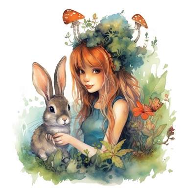beautiful watercolor painting clipart of a forest fairy and a bunny