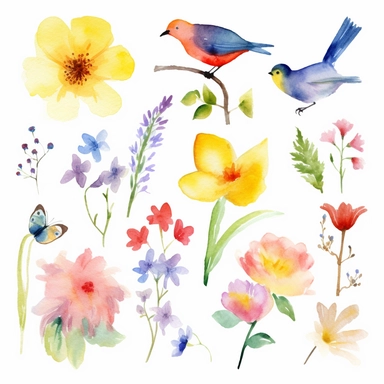 watercolor spring inspired clipart, disney, flowers, sun clipart, birds clipart, rain clouds, clipart, single design, white background