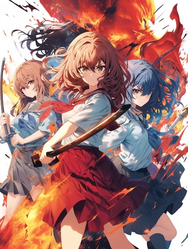 Poster, Ikki Tousen Ryomou Shimei Japanese manga series, paint art style, clipart, school background, superrealistic, one of a kind. The artwork features a dynamic, action - packed composition, with swirling energy blasts and dynamic poses adding to the sense of motion and excitement. The lighting is dramatic and moody, with deep blues and purples creating a sense of tension and danger. The overall mood is one of fierce determination, as Frieza battles to overcome his opponents.