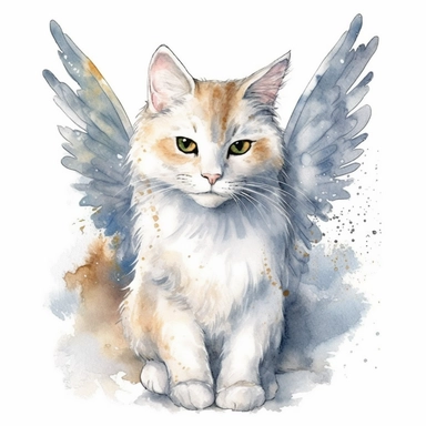 a Angel Cat watercolor Clipart sublimation clipart graphic, full body, clipart, sticker, a single picture, cartoon style, highly detailed, 8k, one image in the frame--no text in the picture--