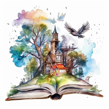 Watercolor Fantasy open Books Clipart with fantasy castlle, birds, trees, forest, clouds, rambo and very detalied, the perspective is from a road from forest mistic look, fairytale magic colorful admosfere, hight quality white background