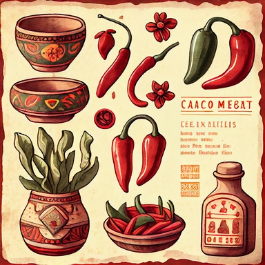 Draw a set of watercolor-style clip art images that feature red chilis that resemble Mexican ceramics and tiles. The images should have a rustic and intricate aesthetic, and should incorporate elements such as shape of country of Mexico in various shapes and sizes with traditional Mexican patterns and designs, made from different colors and shades. The images should be depicted in a variety of different styles and sizes, and should be adorned with details such as texture, shading, and other real