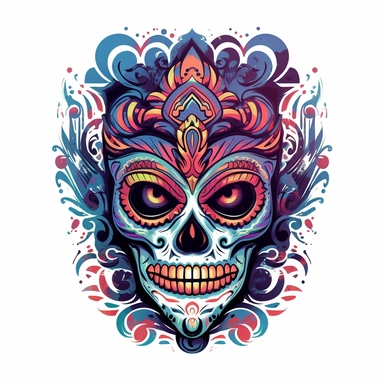 isolated flat clipart on a white background of a spooky day of dead themed voodoo mask tshirt design graphic, in the style of daniel f. gerhartz, transcendent, nikon d850, art of burma, captures the essence of nature, in the style of organic forms and patterns, expansive skies, hyper-detailed illustrations, i can't believe how beautiful this is, lively colors
