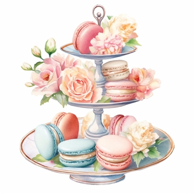 Clipart, Watercolor, White Peony Shabby Chic Tier Candy Tray , cupcakes, macarrons and sandwiches, light colors, hand-draw, texture