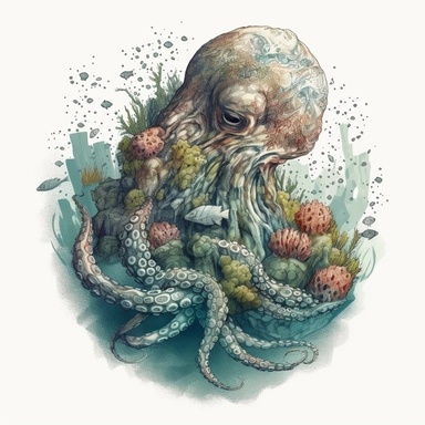 concrete illustration of a double exposure octopus & coral reef drawn with stones, clipart