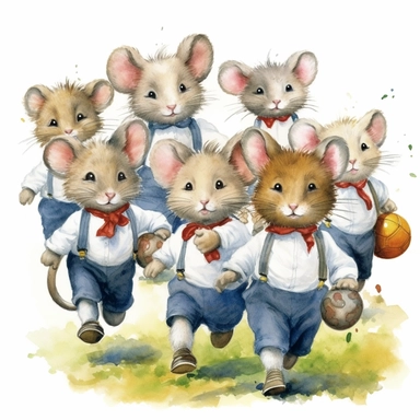 a group of school mouse kids playing soccer, school uniform, detailed, hd, watercolor, white background, clipart