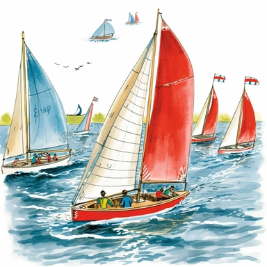one Blue one red and clipart, illustration type 3 sealing boats are in the midst of a sailing competition, and the tension and excitement of the race is palpable. All these should be in one line with long 0.7 distance and coming toward. The crew members are focused and intense, determined to steer their boat to victory. The boat that is leading the race is depicted in the foreground, with its crew members cheering and celebrating their succes