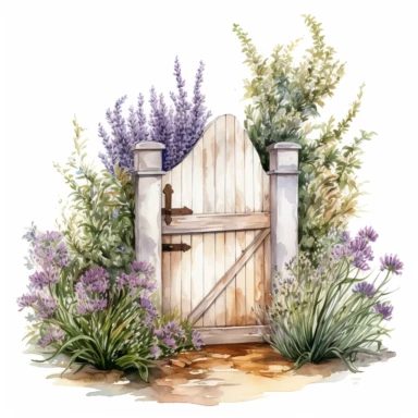 hand drawn opened white country garden gate with rosemary beside it, inside is an herb garden with lavender up front, glamorous, very detailed and realistic , watercolor, white background with margins, clipart style