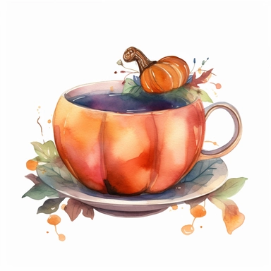 Watercolor Pumpkin Tea Clipart, autumn and fall holiday tea cup, cartoon, super cute, watercolor, on white background