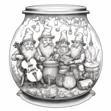 Coloring Page, A jar Gnome musicians playing lively tunes in a jar bandstand, clipart black and white, no fill