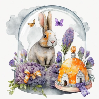 a realistic cute bunny eating a carrot in a glass dome, patterned Easter eggs on a stand, candles and easter muffins, watercolor effect, realistic figures , kids story style, soft colored view , fantastic scene, small colored flowers and lavender , white background , suitable for digital clipart