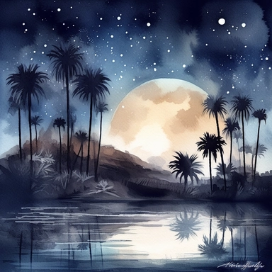 clipart style, watercolor scene of A serene illustration of an Enigmatic Desert Oasis, featuring a moonlit night sky filled with stars. The oasis shimmers under the moon's light, its calm waters reflecting the beauty of the celestial display above. Palm trees sway gently, and a group of camels rests nearby, adding to the allure and enigma of the scene, HD, on white background
