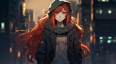 pixel art, Kelly, redhead long hair elf girl with bow hair clips and scarf, rpg maker mv, 16 bits, in cyberpunk city
