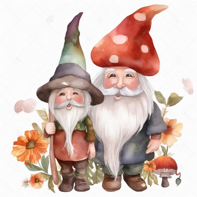watercolor, Gnome Couple, and Halloween Decor png Full body realistic cartoon in 32K UHD cute. 15 cm thick outline. Black color. There was no shadow on the ground. 8k with realistic watercolors and detailed illustrations. PNG clipart, transparent white background