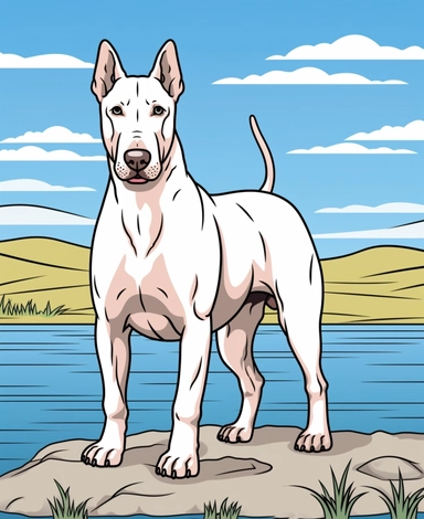 expert coloring page style of ultra-realistic Bull Terrier Dog breed Clipart, simple lake background, simple line art, line is crisp and clean, easy to color