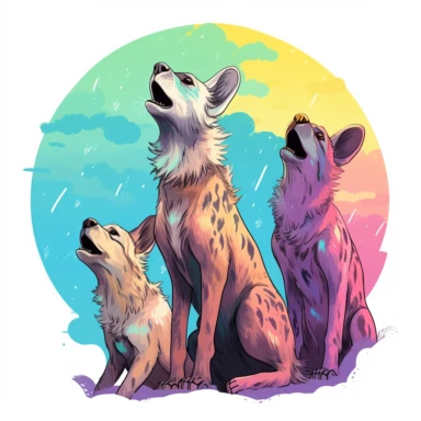 group of cute hyenas, howling at the moon, their voices echoing through the night, vibrant pastels, clipart, on a white background
